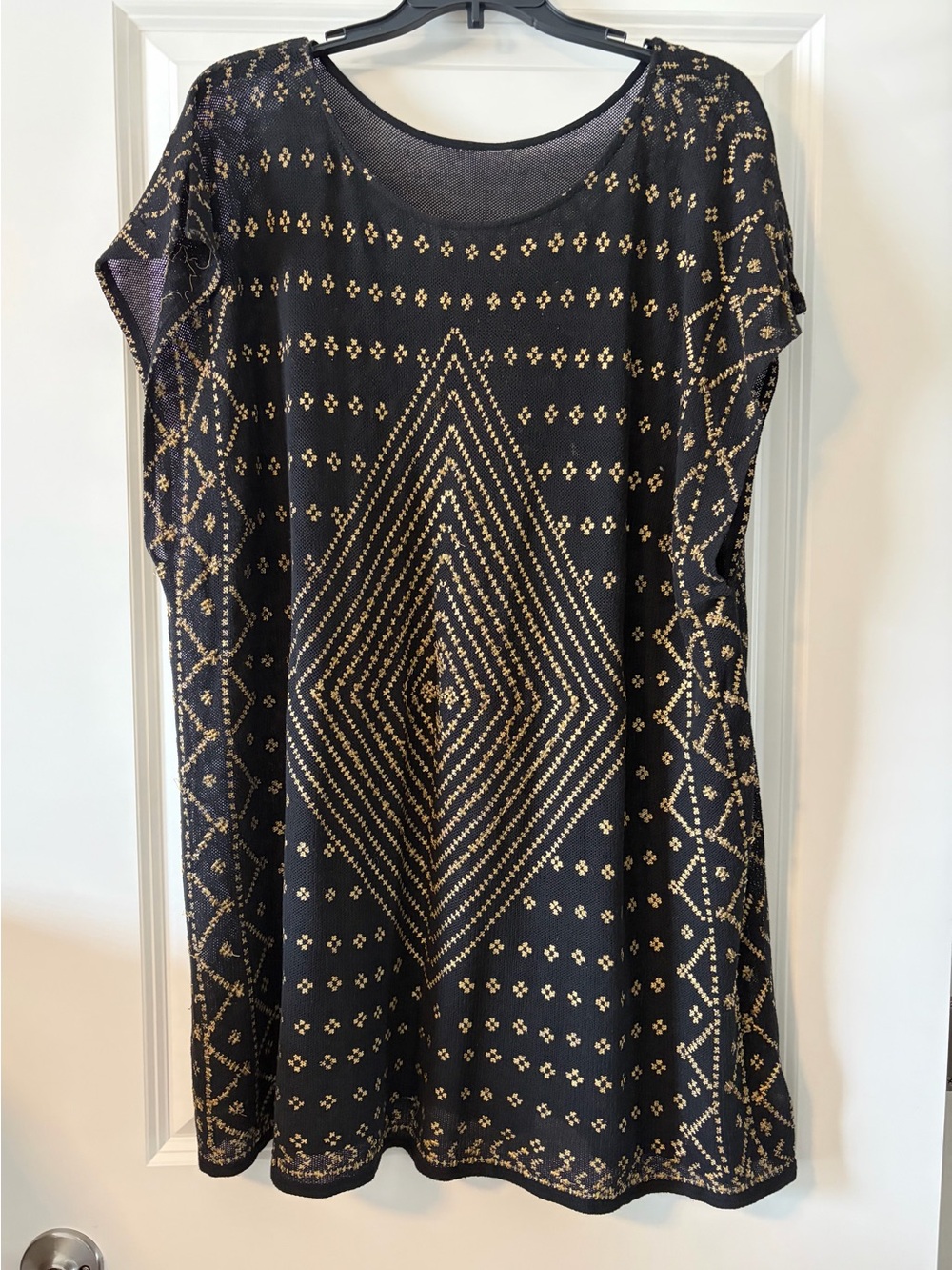 Black Knit Beach Coverup / Dress with Gold Geometric Pattern & Beading